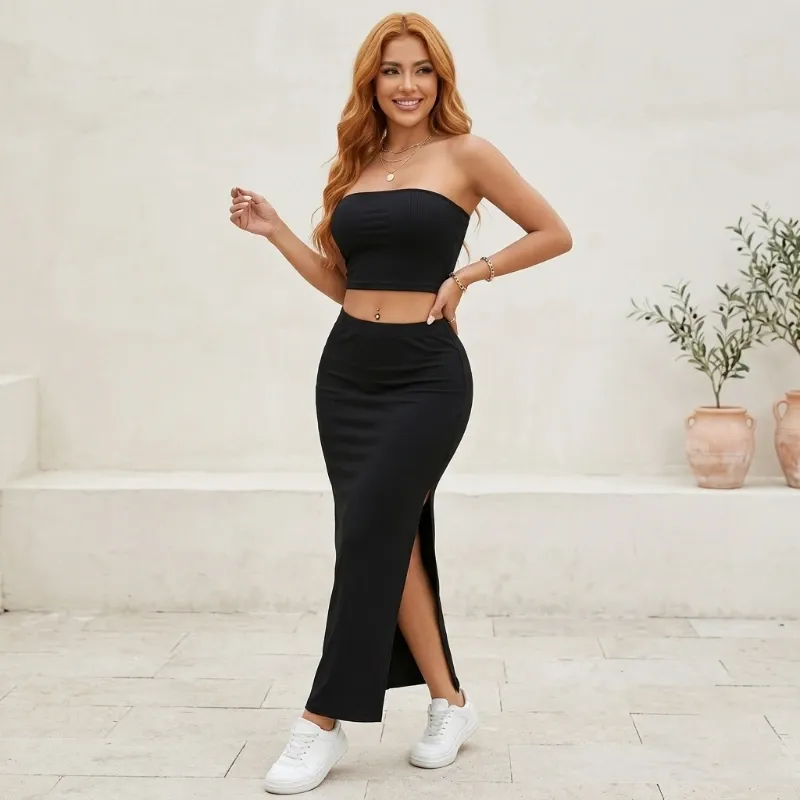 🖤 Conjunto de falda larga con abertura lateral y top tubo — Negro
