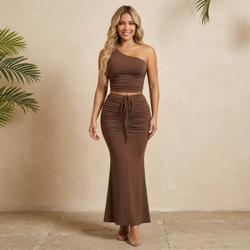 🤎 Conjunto de falda larga corte sirena y top de un hombro