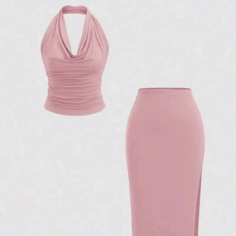 🩷 Conjunto de falda larga y top drapeado — Rosado