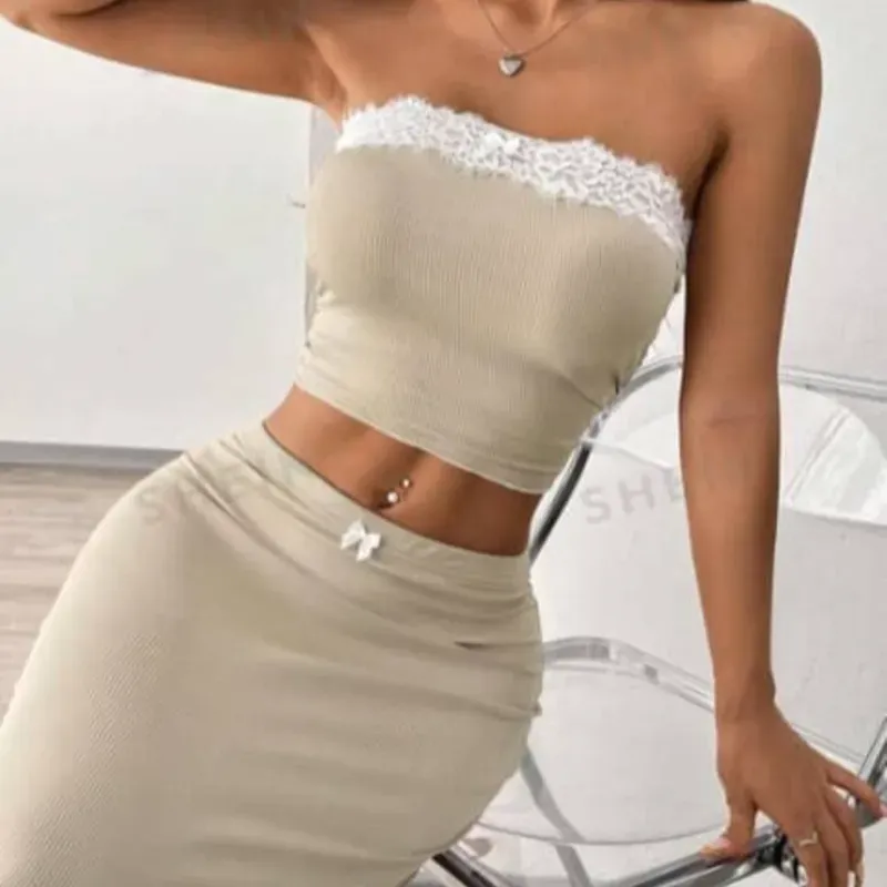 🤎 Conjunto de falda larga y top tubo con ribetes de encaje — Beige