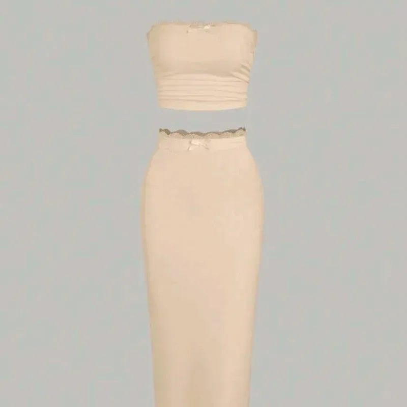 🤎 Conjunto de falda larga y top tubo con ribetes de encaje — Beige 