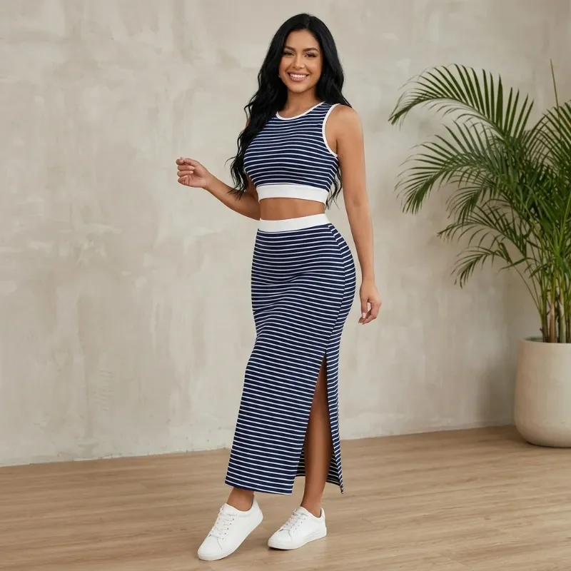 💙 Conjunto de falda y top de listas — Azul/ Blanco