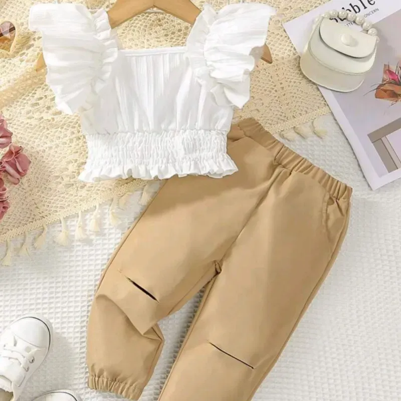 🤎🤍 Conjunto de pantalón y blusa — Beige/Blanco