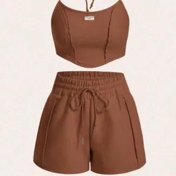 🤎 Conjunto de short y top halter — Marrón Chocolate