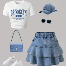 💙🤍Conjunto de top d manga y falda mezclilla