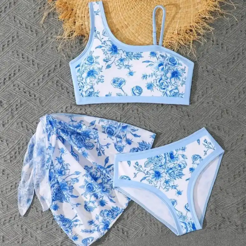 Conjunto estampado azul/blanco de 3 piezas