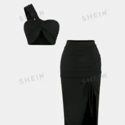 🖤 Conjunto falda larga con fruncido y top de un tirante — Negro