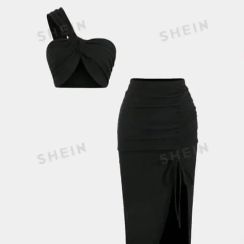 🖤 Conjunto falda larga con fruncido y top de un tirante — Negro