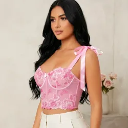 🩷 Corsé con cintas y bordados — Rosado