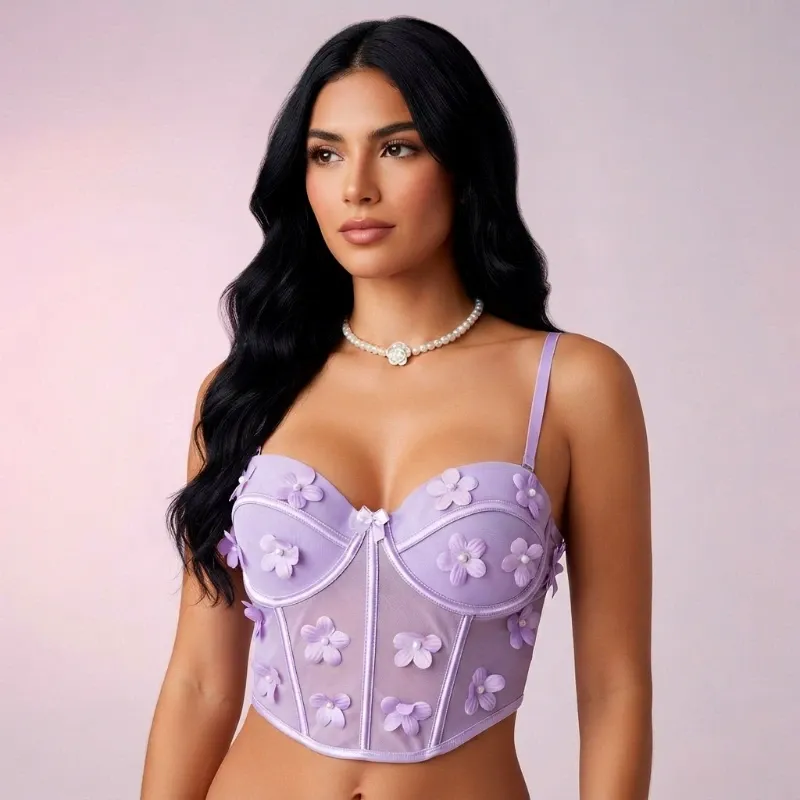 💜 Corset con flores 3D — Morado