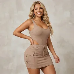 🤎 Conjunto falda corta y body — Beige