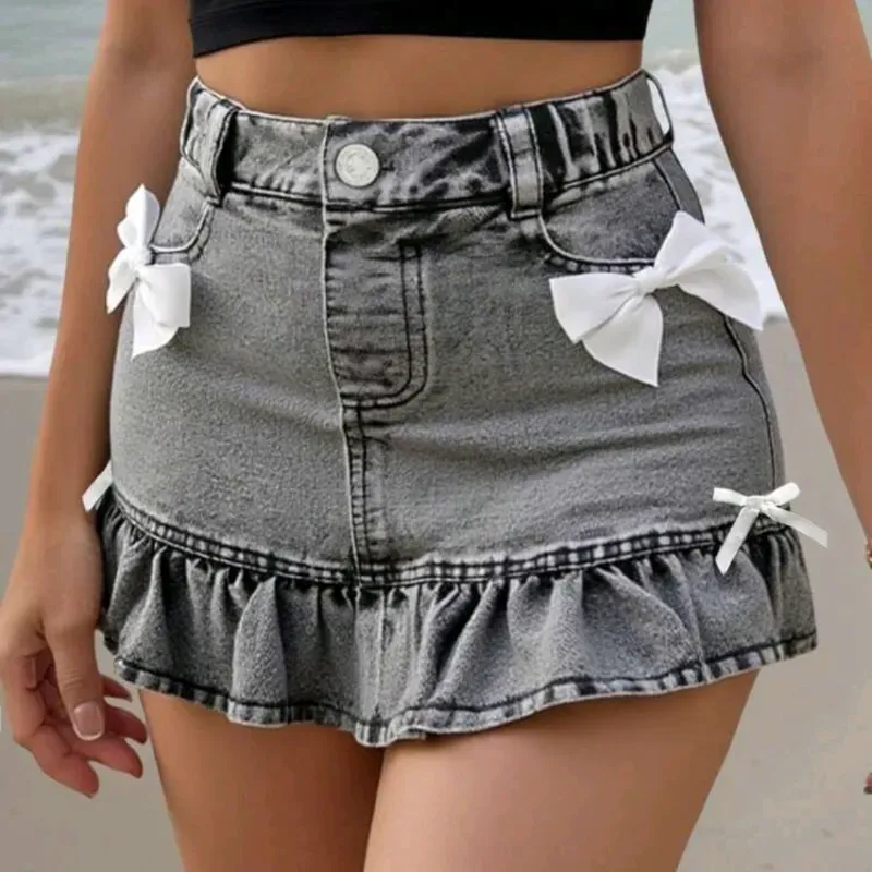 🩶 Falda de mezclilla con lasos — Gris