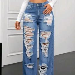 💙 Jeans pierna recta rasgados y desgastados — Azul Mezclilla