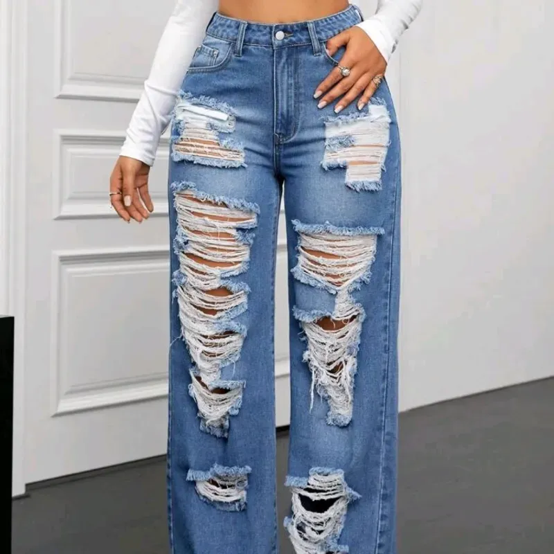 💙 Jeans pierna recta rasgados y desgastados — Azul Mezclilla