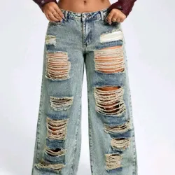 💚 Jeans pierna ancha desgastados y rasgados — Verde Mezclilla