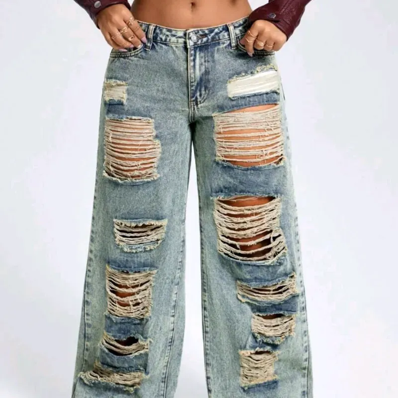 💚 Jeans pierna ancha desgastados y rasgados — Verde Mezclilla