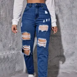 💙 Jeans pierna recta desgastados y desgarrados — Azul Mezclilla Oscura