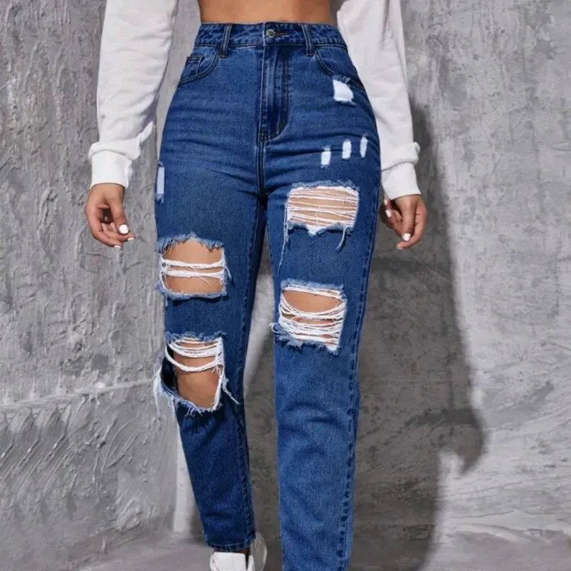 💙 Jeans pierna recta desgastados y desgarrados — Azul Mezclilla Oscura