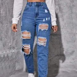 💙 Jeans pierna recta desgastados y desgarrados — Azul Mezclilla 