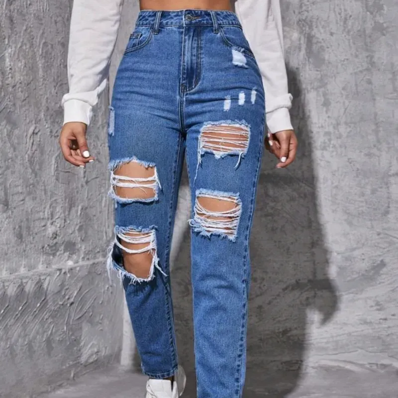 💙 Jeans pierna recta desgastados y desgarrados — Azul Mezclilla 