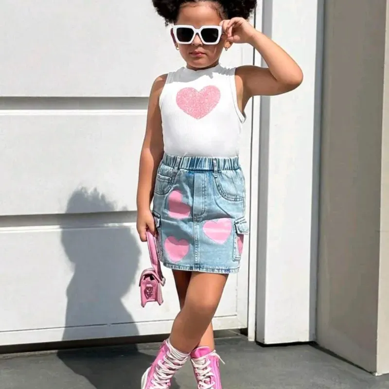 Set d dos piezas top sin manga rosa falda vaquera 