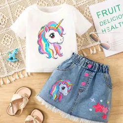 Set d dos piezas top unicornio falda vaquera 
