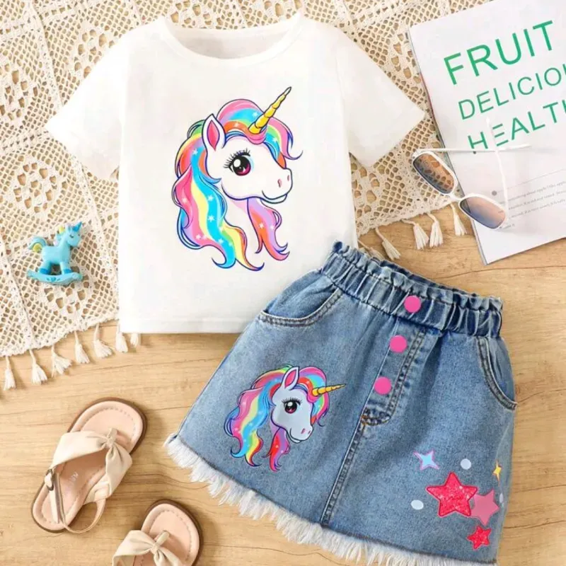 Set d dos piezas top unicornio falda vaquera 