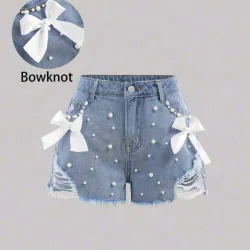 🩵 Short de mezclilla con lasos y perlas — Azul