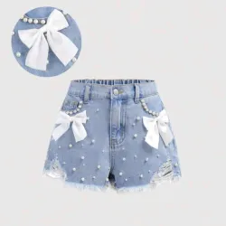 💙 Short de mezclilla con lasos y perlas — Azul
