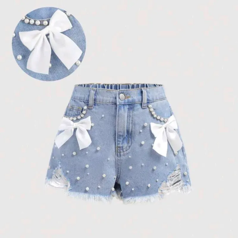 💙 Short de mezclilla con lasos y perlas — Azul