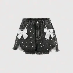 🩶 Short de mezclilla con lasos y perlas — Gris 