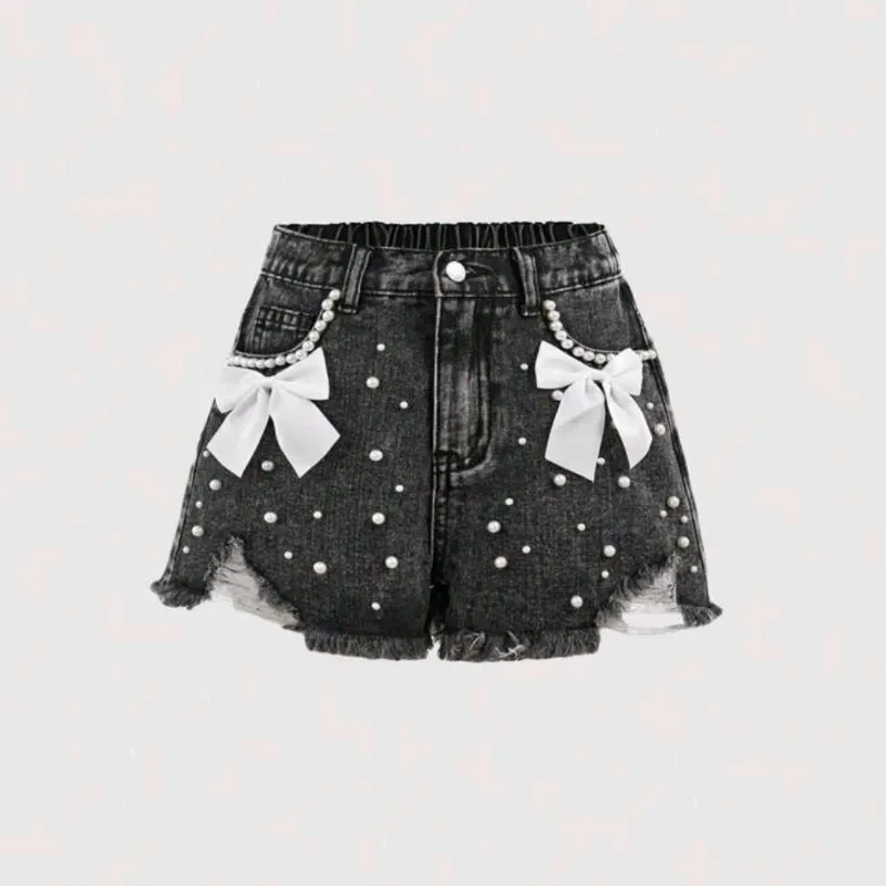 🩶 Short de mezclilla con lasos y perlas — Gris 