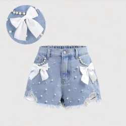 🩵 Shorts denim con perlas y lasos — Azul