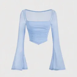 Top azul mangas largas acampanadas 