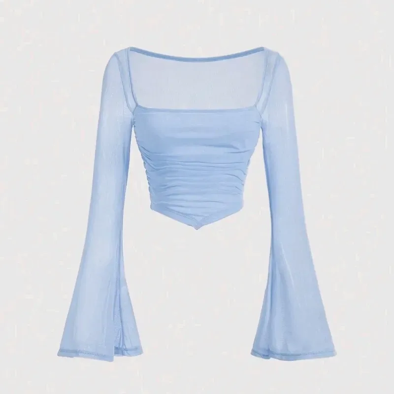 Top azul mangas largas acampanadas 