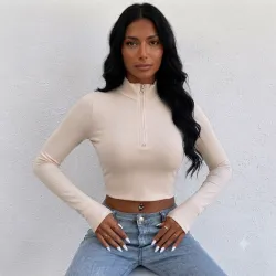 🤎 Top de mangas largas con ziper — Beige