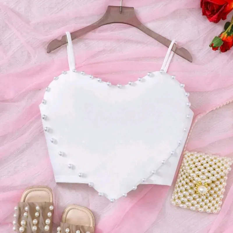 🤍 Top corazón con perlas — Blanco 