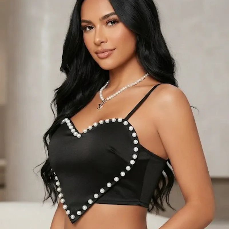 🖤 Top corazón con perlas — Negro