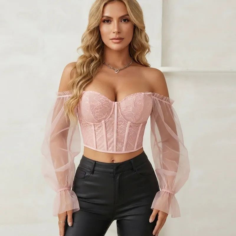 🩷 Top de encaje con mangas largas — Rosado