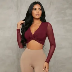 ❤️ Top de nudo torcido mangas largas — Burdeos 