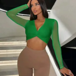 💚 Top de nudo torcido mangas largas — Verde 