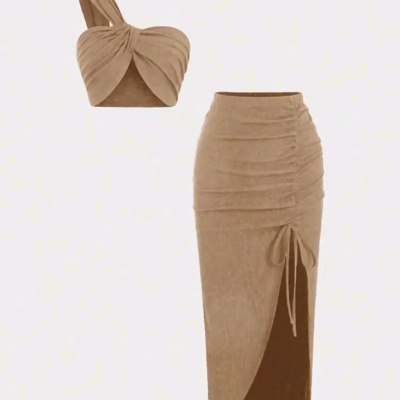 🤎 Conjunto falda larga con fruncido y top de un tirante — Beige