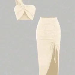 🤎 Conjunto falda larga con fruncido y top de un tirante — Beige pálido 