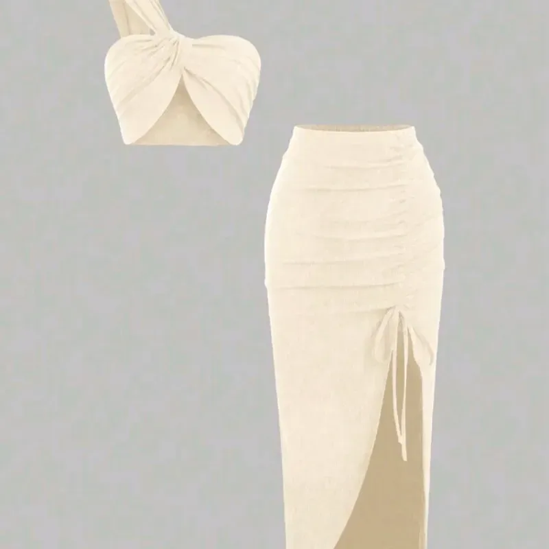 🤎 Conjunto falda larga con fruncido y top de un tirante — Beige pálido 