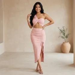 🩷 Conjunto falda larga con fruncido y top de un tirante —  Rosa pálido 