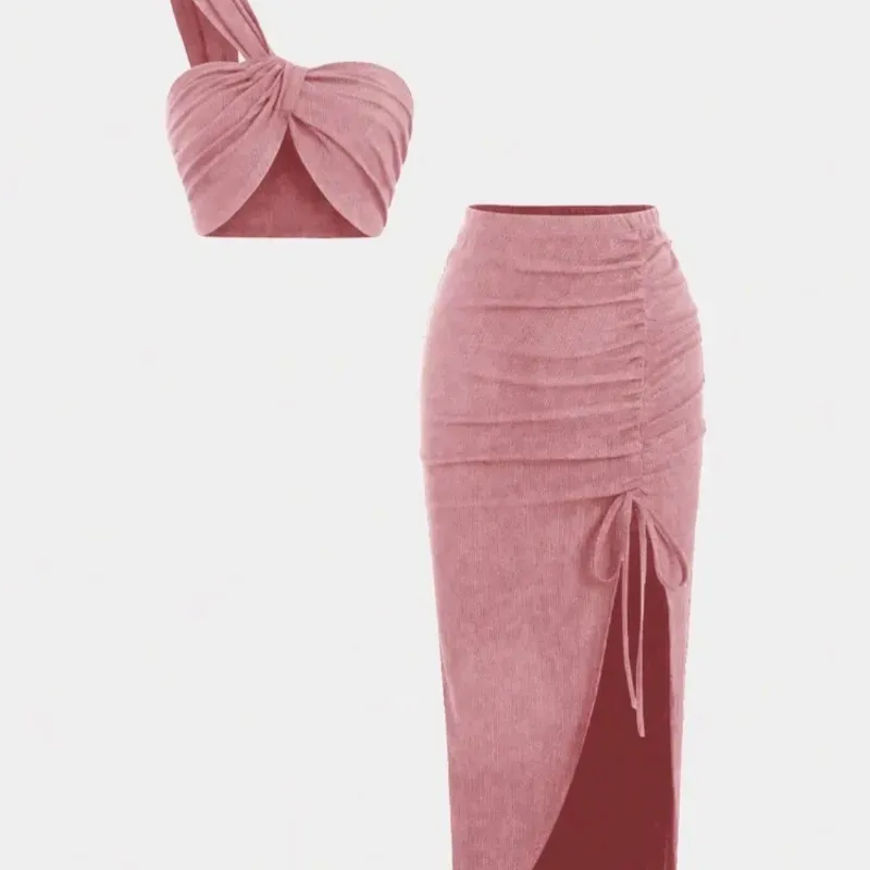 🩷 Conjunto falda larga con fruncido y top de un tirante — Rosado