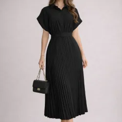 🖤 Vestido camisero plisado — Negro