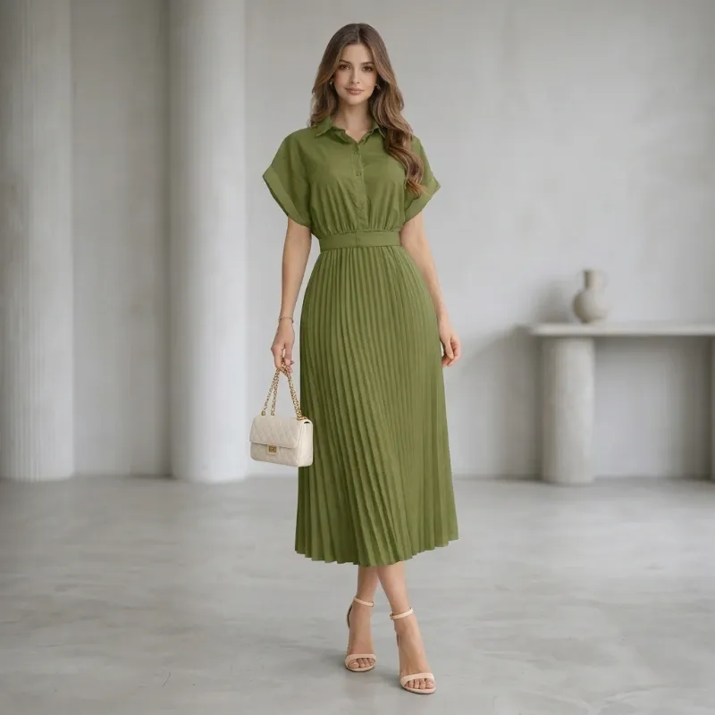 💚 Vestido camisero plisado — Verde