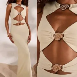 🤎 Vestido largo con conchas doradas — Beige