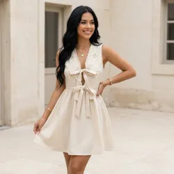 🤎 Vestido corto con bordados — Beige